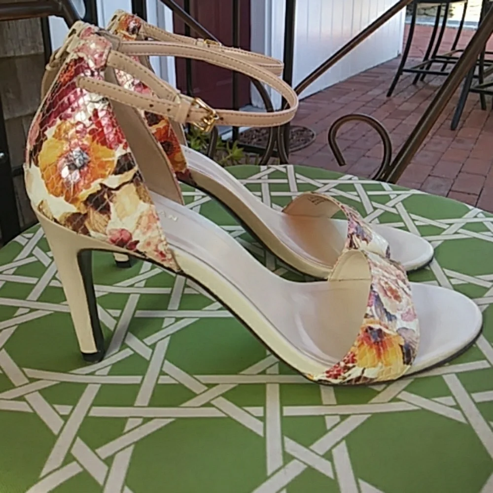 Cole Haan Floral Ankle-Strap Block Heel Sandals in Cream and Pink